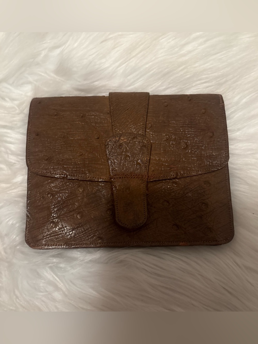 Vintage Brown Ostrich Clutch Wallet with Tab Closure. Made in England